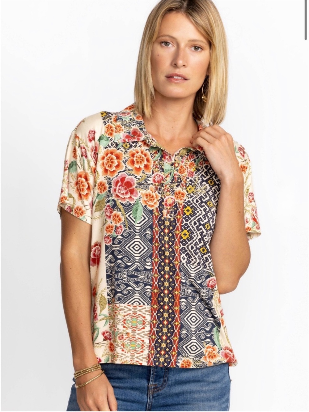 Johnny Was Aztec Flower Short Sleeve Polo Tee Bamboo Blend Floral Shirt XS